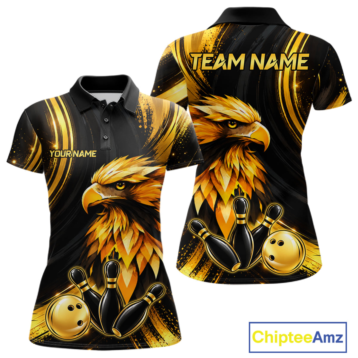 Custom Black Gold Eagle Bowling Polo 1/4-Zip Shirt For Women Swirl Youth Bowling Team Tournament Jersey NYN5109