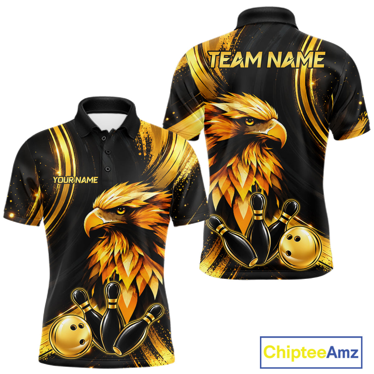 Custom Black Gold Eagle Bowling Polo 1/4-Zip Shirt For Men Swirl Youth Bowling Team Tournament Jersey NYN5109