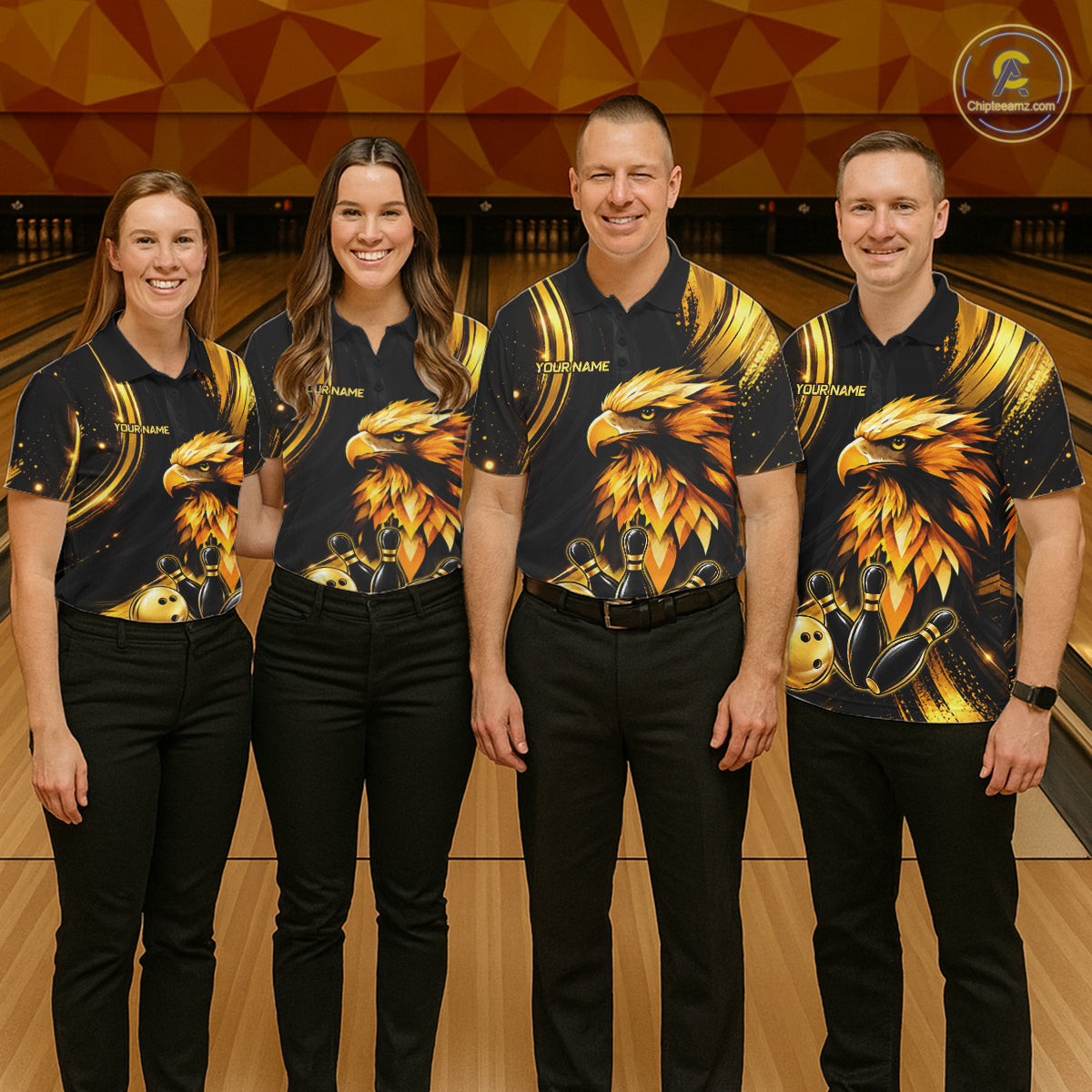 Custom Black Gold Eagle Bowling Polo 1/4-Zip Shirt For Women Swirl Youth Bowling Team Tournament Jersey NYN5109