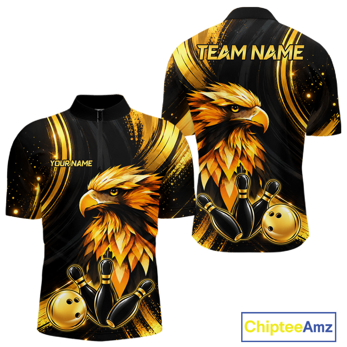 Custom Black Gold Eagle Bowling Polo 1/4-Zip Shirt For Men Swirl Youth Bowling Team Tournament Jersey NYN5109