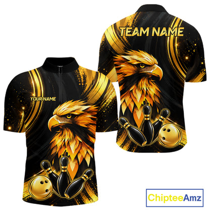 Custom Black Gold Eagle Bowling Polo 1/4-Zip Shirt For Men Swirl Youth Bowling Team Tournament Jersey NYN5109