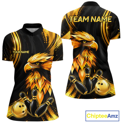 Custom Black Gold Eagle Bowling Polo 1/4-Zip Shirt For Women Swirl Youth Bowling Team Tournament Jersey NYN5109
