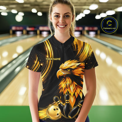 Custom Black Gold Eagle Bowling Polo 1/4-Zip Shirt For Women Swirl Youth Bowling Team Tournament Jersey NYN5109