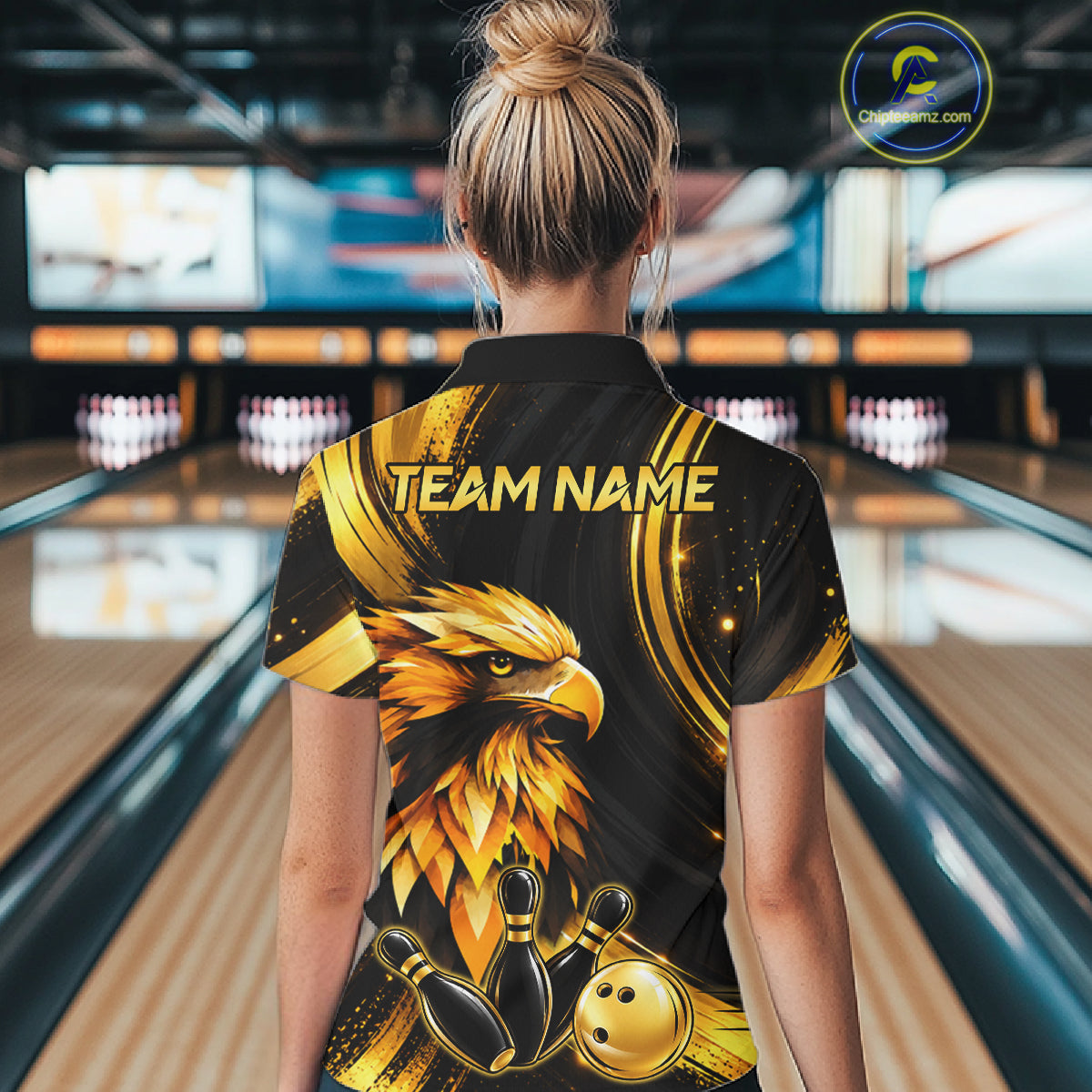 Custom Black Gold Eagle Bowling Polo 1/4-Zip Shirt For Women Swirl Youth Bowling Team Tournament Jersey NYN5109