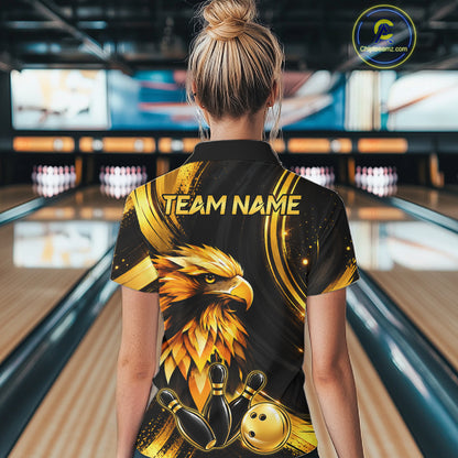 Custom Black Gold Eagle Bowling Polo 1/4-Zip Shirt For Women Swirl Youth Bowling Team Tournament Jersey NYN5109