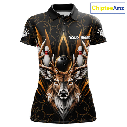 Custom Funny Deer Bowling Polo 1/4-Zip Shirt For Women Buck Antler Bowling Team Jersey Bowling Gifts NYN5113