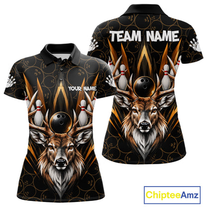 Custom Funny Deer Bowling Polo 1/4-Zip Shirt For Women Buck Antler Bowling Team Jersey Bowling Gifts NYN5113