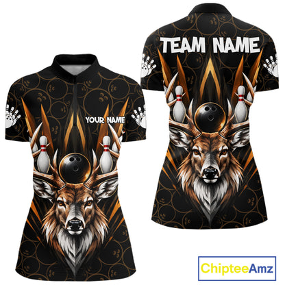 Custom Funny Deer Bowling Polo 1/4-Zip Shirt For Women Buck Antler Bowling Team Jersey Bowling Gifts NYN5113