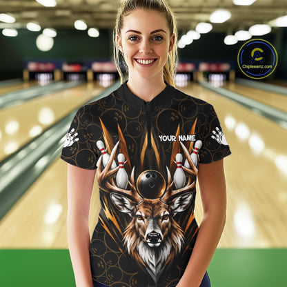 Custom Funny Deer Bowling Polo 1/4-Zip Shirt For Women Buck Antler Bowling Team Jersey Bowling Gifts NYN5113