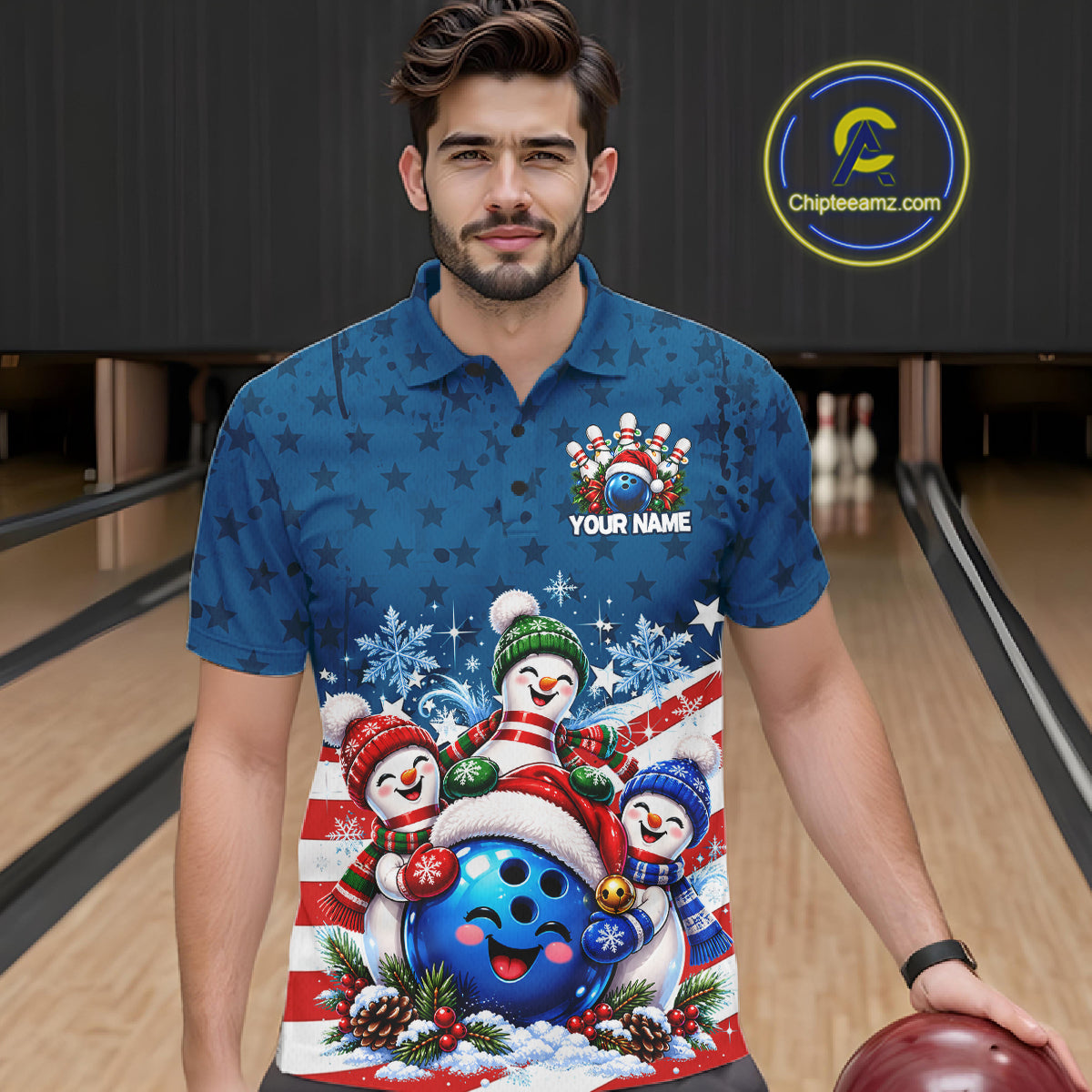 Personalized Blue Winter Snowmen Bowling Shirt For Men Custom US Flag Funny Bowling Team Jersey NYN5116