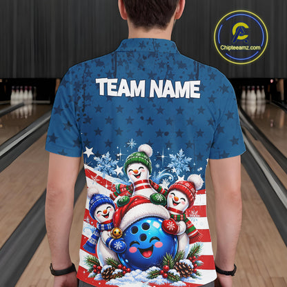 Personalized Blue Winter Snowmen Bowling Shirt For Men Custom US Flag Funny Bowling Team Jersey NYN5116