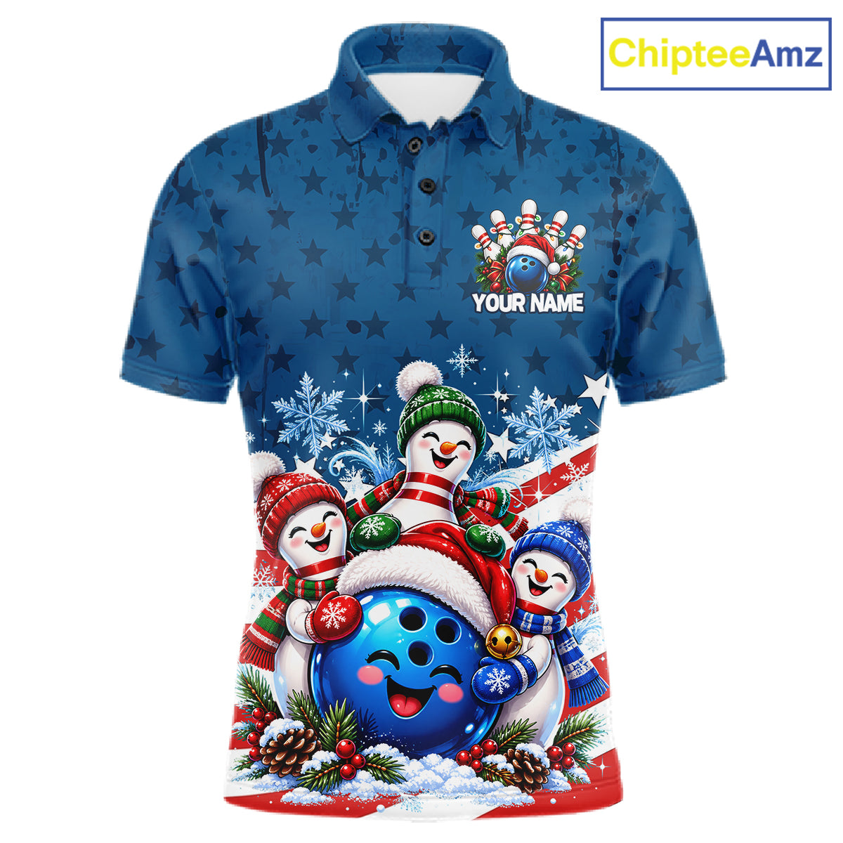 Personalized Blue Winter Snowmen Bowling Shirt For Men Custom US Flag Funny Bowling Team Jersey NYN5116
