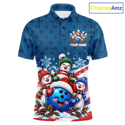 Personalized Blue Winter Snowmen Bowling Shirt For Men Custom US Flag Funny Bowling Team Jersey NYN5116