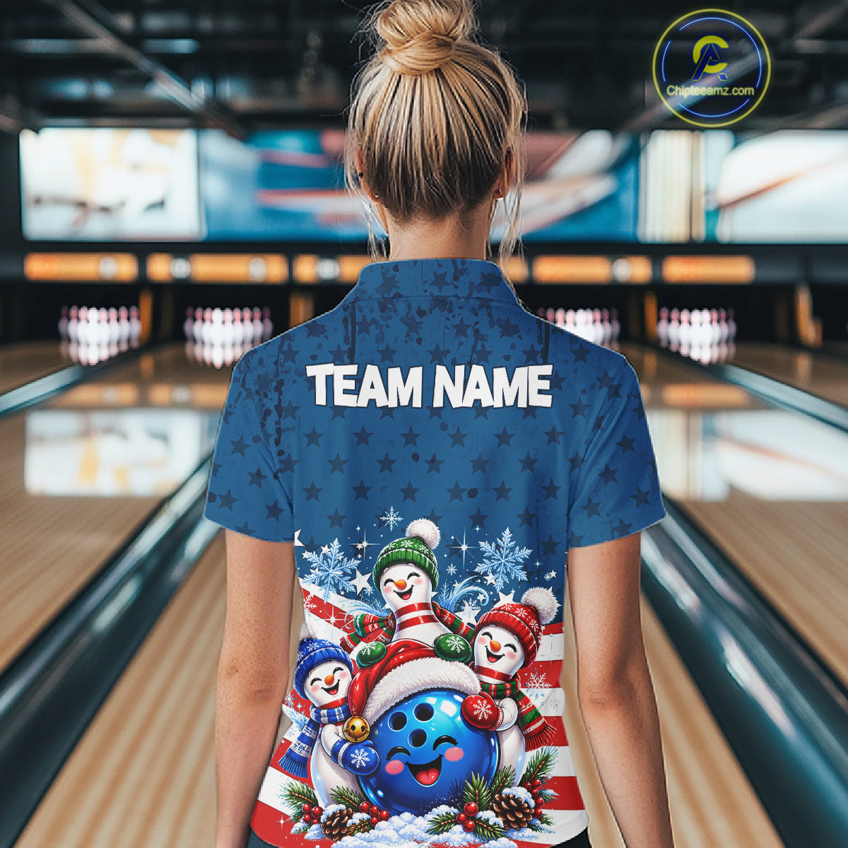 Personalized Blue Winter Snowmen Bowling Shirt For Women Custom US Flag Funny Bowling Team Jersey NYN5116