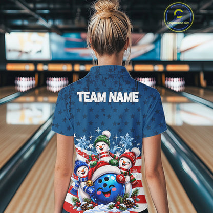 Personalized Blue Winter Snowmen Bowling Shirt For Women Custom US Flag Funny Bowling Team Jersey NYN5116