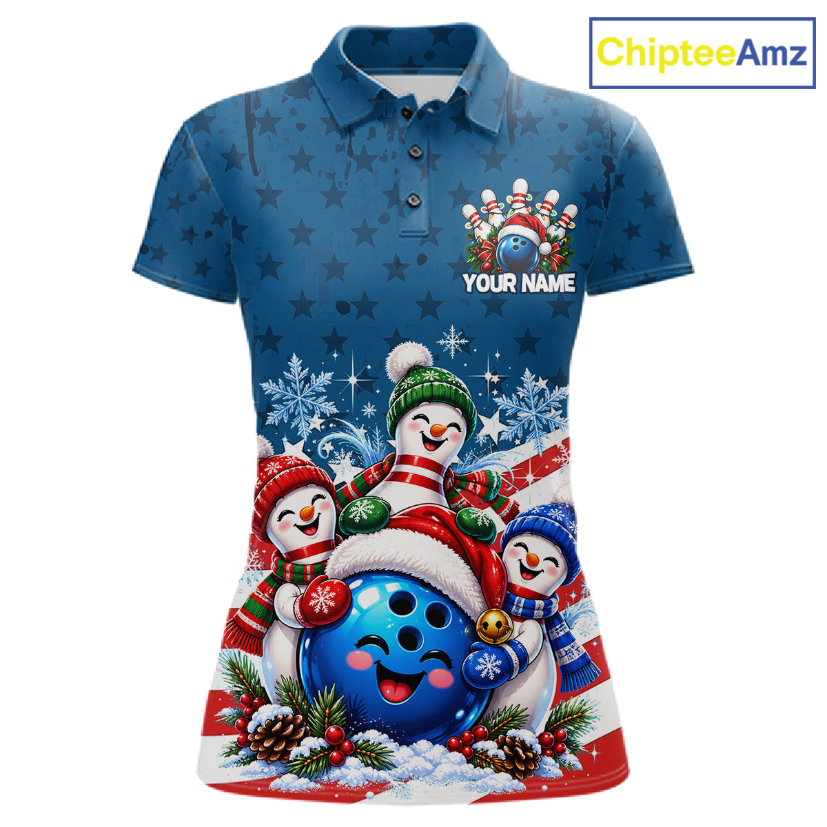 Personalized Blue Winter Snowmen Bowling Shirt For Women Custom US Flag Funny Bowling Team Jersey NYN5116