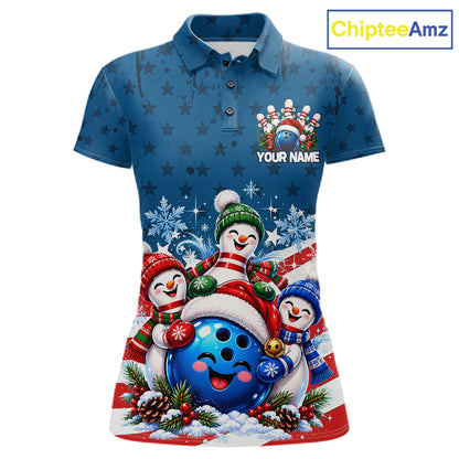 Personalized Blue Winter Snowmen Bowling Shirt For Women Custom US Flag Funny Bowling Team Jersey NYN5116