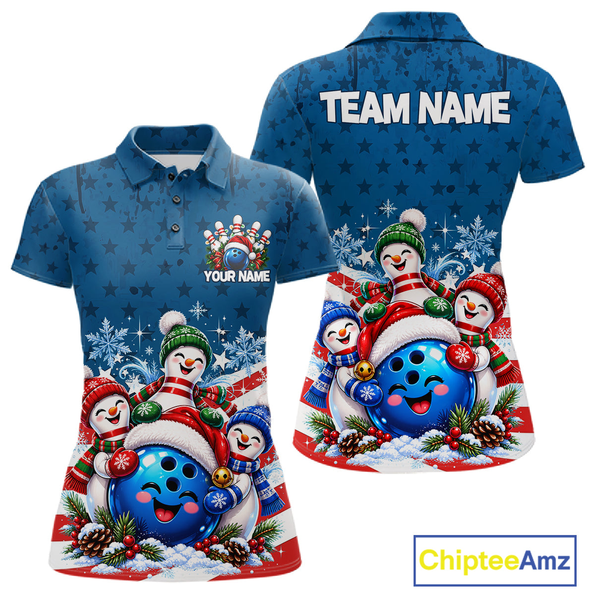 Personalized Blue Winter Snowmen Bowling Shirt For Women Custom US Flag Funny Bowling Team Jersey NYN5116