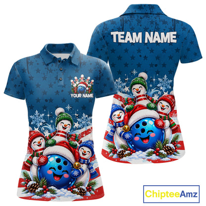 Personalized Blue Winter Snowmen Bowling Shirt For Women Custom US Flag Funny Bowling Team Jersey NYN5116