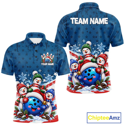 Personalized Blue Winter Snowmen Bowling Shirt For Men Custom US Flag Funny Bowling Team Jersey NYN5116