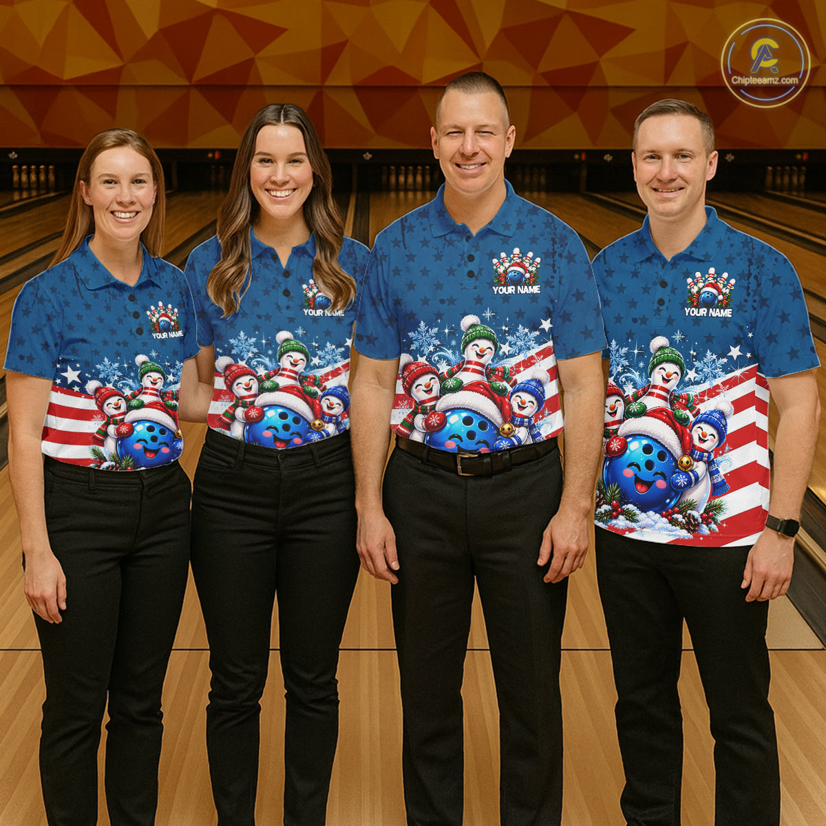 Personalized Blue Winter Snowmen Bowling Shirt For Men Custom US Flag Funny Bowling Team Jersey NYN5116