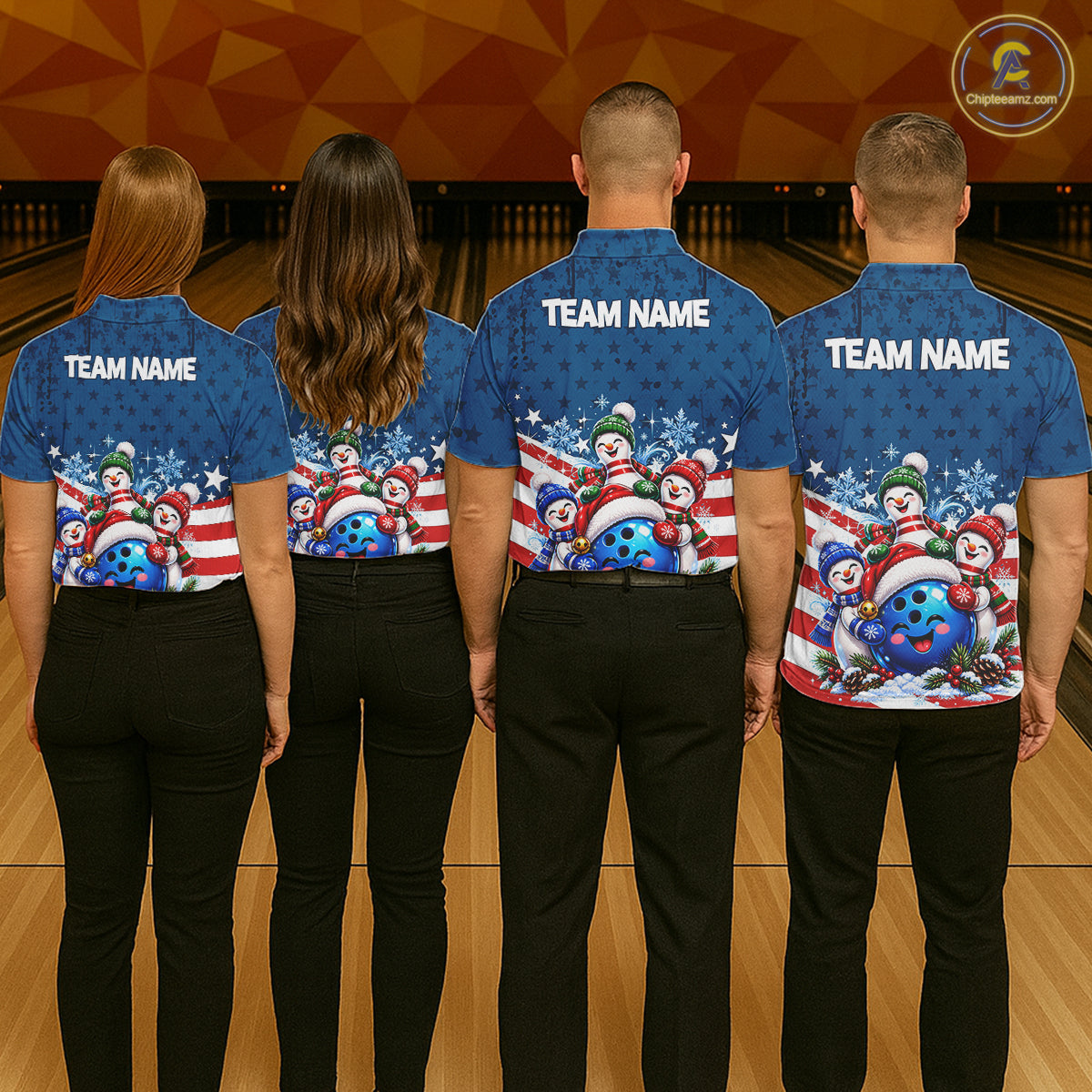 Personalized Blue Winter Snowmen Bowling Shirt For Men Custom US Flag Funny Bowling Team Jersey NYN5116