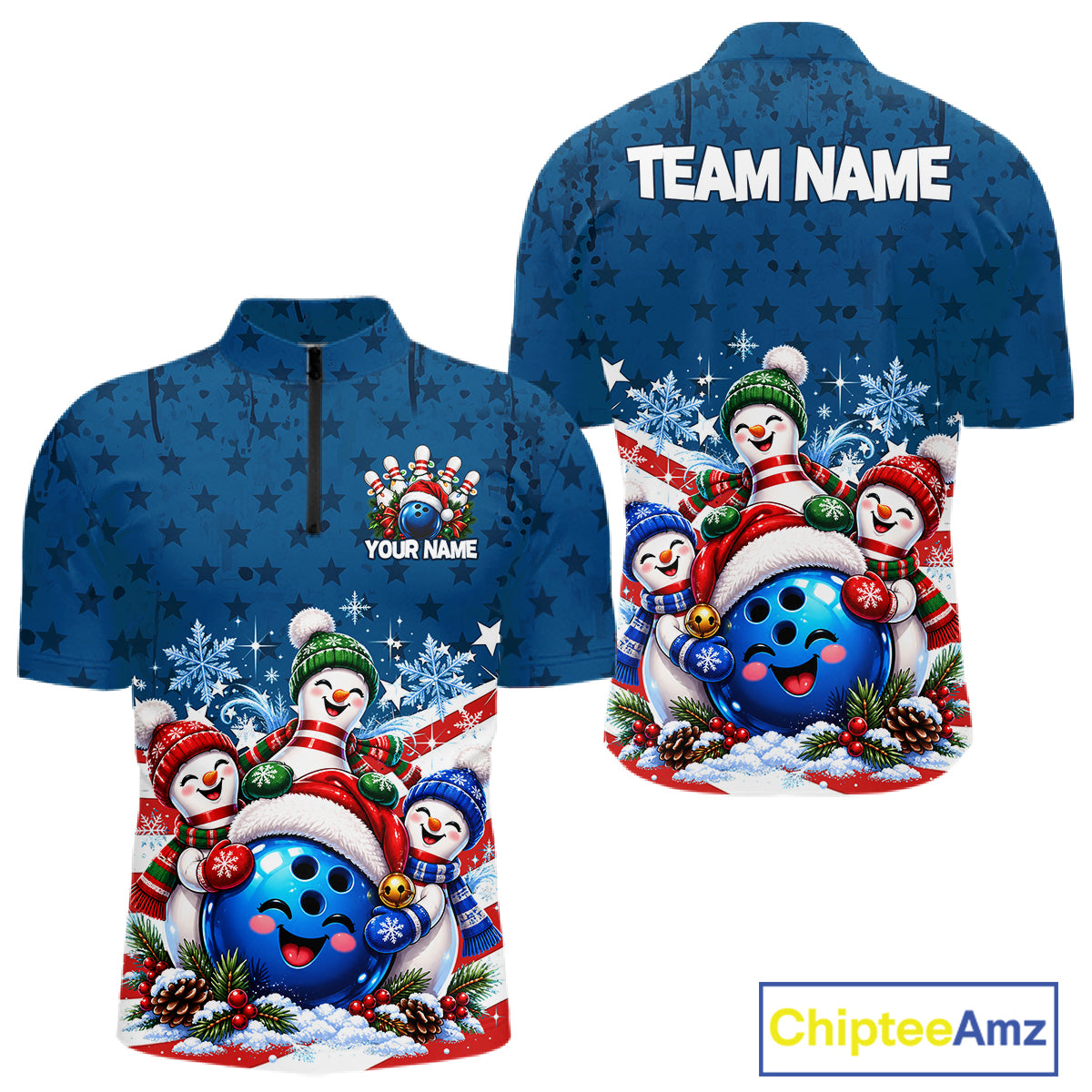Personalized Blue Winter Snowmen Bowling Shirt For Men Custom US Flag Funny Bowling Team Jersey NYN5116