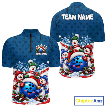 Personalized Blue Winter Snowmen Bowling Shirt For Men Custom US Flag Funny Bowling Team Jersey NYN5116