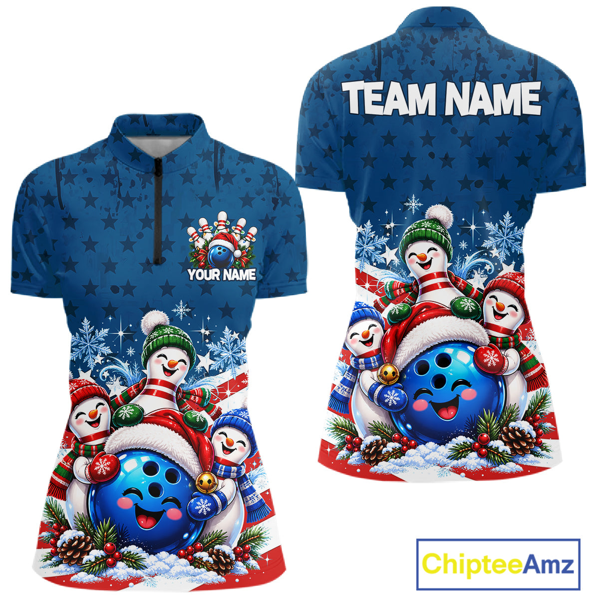 Personalized Blue Winter Snowmen Bowling Shirt For Women Custom US Flag Funny Bowling Team Jersey NYN5116