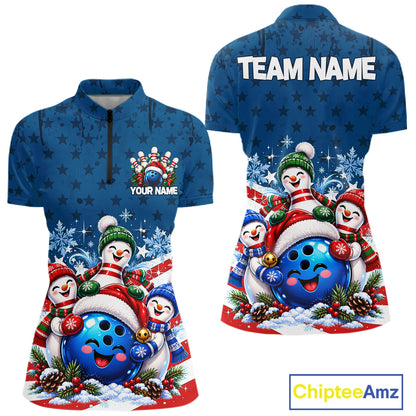 Personalized Blue Winter Snowmen Bowling Shirt For Women Custom US Flag Funny Bowling Team Jersey NYN5116