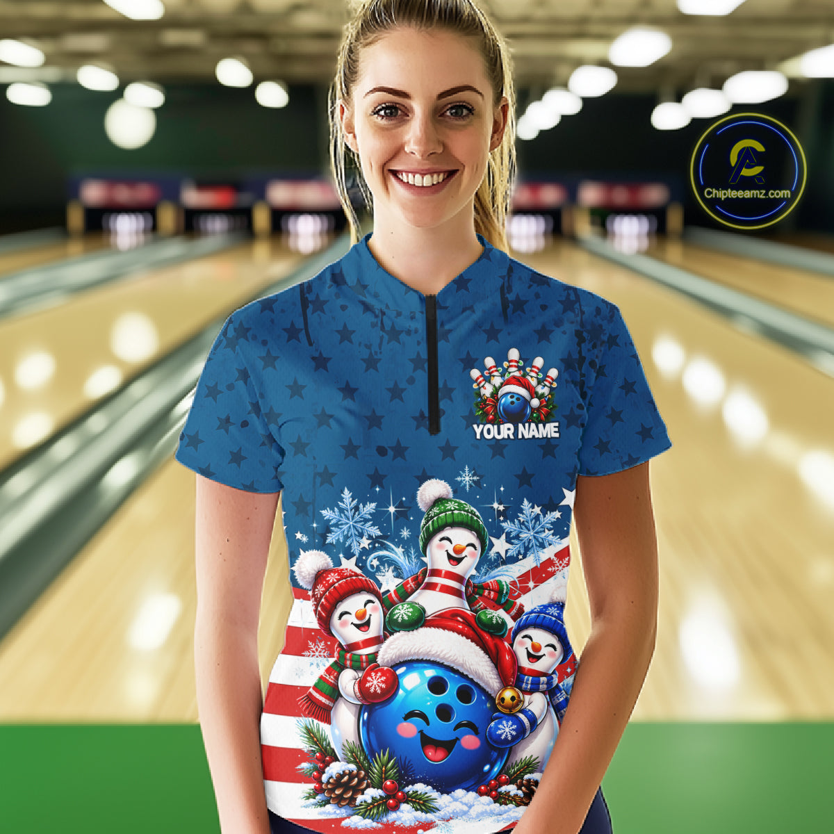 Personalized Blue Winter Snowmen Bowling Shirt For Women Custom US Flag Funny Bowling Team Jersey NYN5116