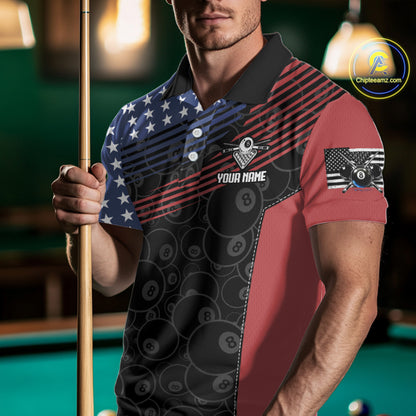 US Flag Pool 8 Ball Men's Billiard Polo & 1/4 Zip Shirt Custom Patriotic Billiard Attire NYN2362