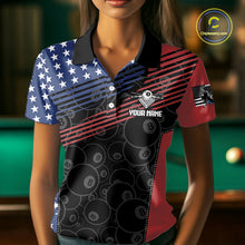 Load image into Gallery viewer, US Flag Pool 8 Ball Women's Billiard Polo &amp; 1/4 Zip Shirt Custom Patriotic Billiard Attire NYN2362