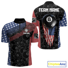 Load image into Gallery viewer, US Flag Pool 8 Ball Men's Billiard Polo &amp; 1/4 Zip Shirt Custom Patriotic Billiard Attire NYN2362