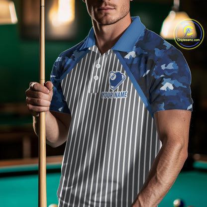 Blue Camouflage 8 Ball Pool Polo & 1/4-Zip Shirt Custom Billiard Shirts For Men Billiard Team Attire NYN2979