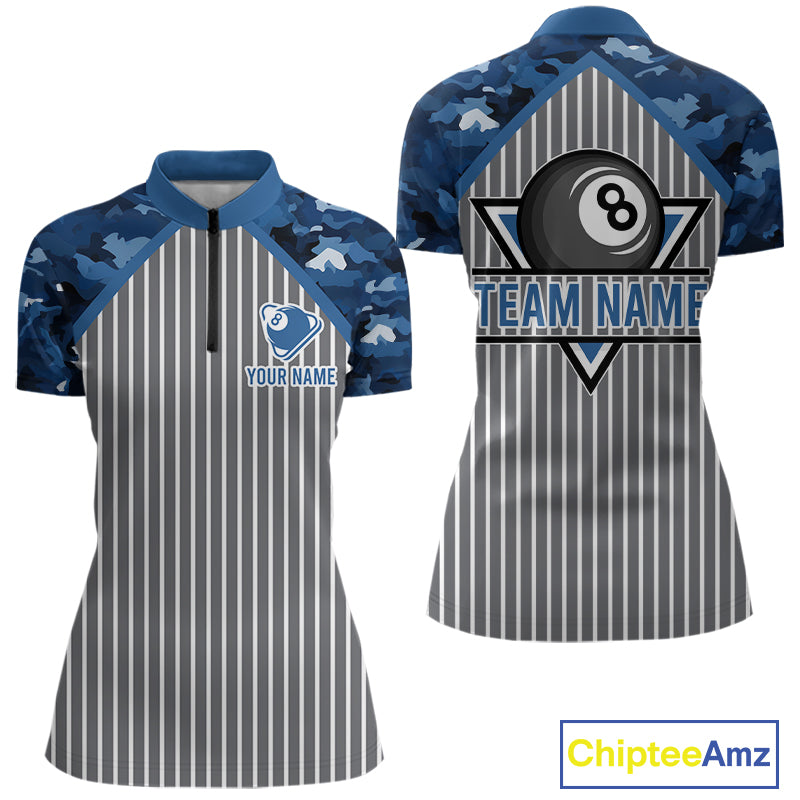 Blue Camouflage 8 Ball Pool Polo & 1/4-Zip Shirt Custom Billiard Shirts For Women Billiard Team Attire NYN2979