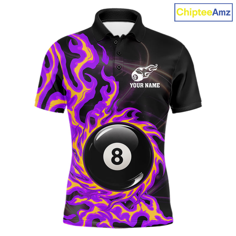 Purple & Yellow Flame 8 Ball Billiard Polo 1/4-Zip Shirt For Men Custom Flame Pool Team Jersey NYN3938