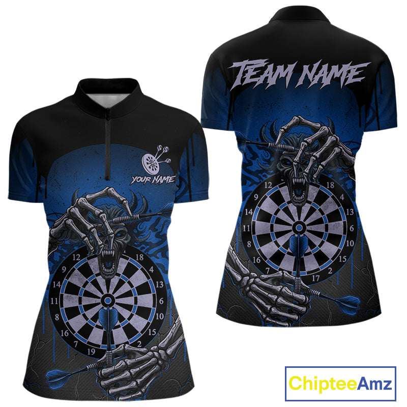 Custom Devil Skeleton Blue Dripping Dartboard Women Darts Quarter-Zip Shirt Outfits Dart Jerseys NYN1856