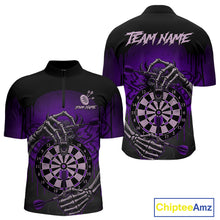 Load image into Gallery viewer, Custom Devil Skeleton Purple Dripping Dartboard Men Darts Quarter-Zip Shirt Outfits Dart Jerseys NYN1857