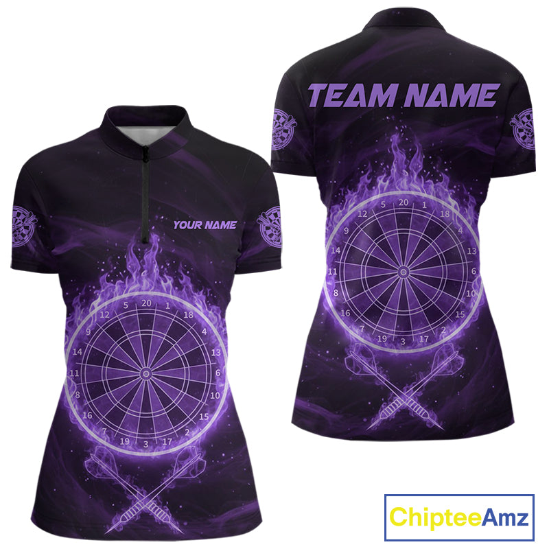 Purple Flames Dartboard & Arrow Custom Women Darts Quarter-Zip Shirt Fire Flame Dart Jerseys NYN1862