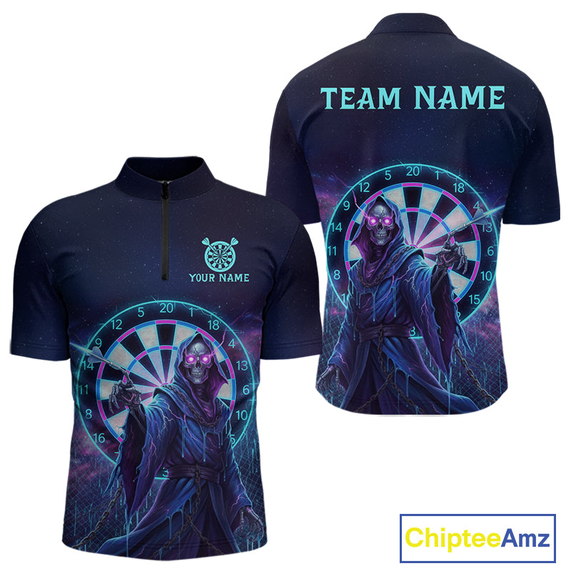 Custom Galaxy Purple Grim Reaper Dartboard Men Darts Quarter-Zip Shirt Colorful Dart Jerseys NYN1865