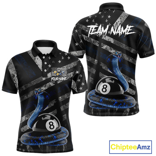 Blue Grunge Cobra 8 Ball Pool Men Billiard Polo & 1/4-Zip Shirt Custom Billiard Attire Jersey NYN2374