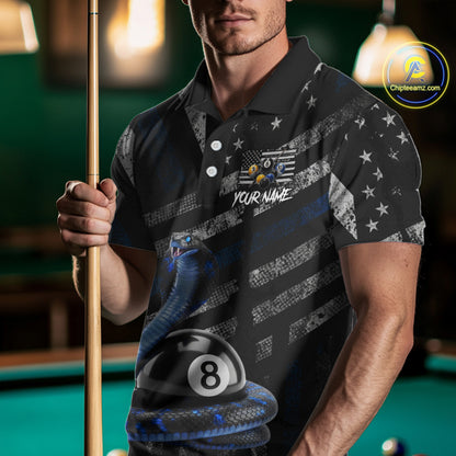 Blue Grunge Cobra 8 Ball Pool Men Billiard Polo & 1/4-Zip Shirt Custom Billiard Attire Jersey NYN2374