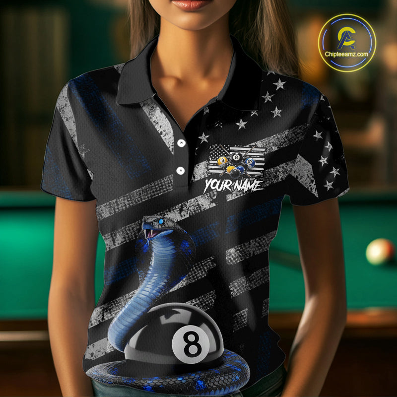 Load image into Gallery viewer, Blue Grunge Cobra 8 Ball Pool Women Billiard Polo & 1/4-Zip Shirt Custom Billiard Attire Jersey NYN2374