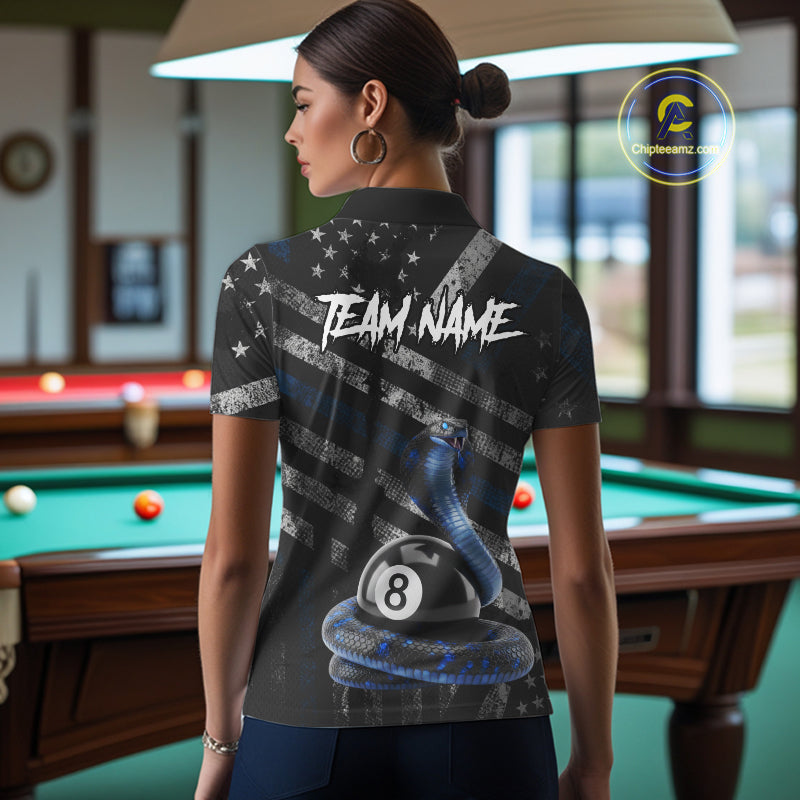 Load image into Gallery viewer, Blue Grunge Cobra 8 Ball Pool Women Billiard Polo & 1/4-Zip Shirt Custom Billiard Attire Jersey NYN2374