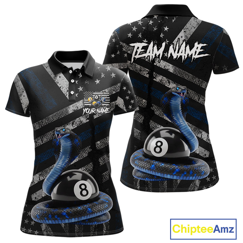 Load image into Gallery viewer, Blue Grunge Cobra 8 Ball Pool Women Billiard Polo & 1/4-Zip Shirt Custom Billiard Attire Jersey NYN2374