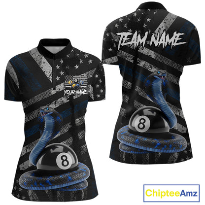 Blue Grunge Cobra 8 Ball Pool Women Billiard Polo & 1/4-Zip Shirt Custom Billiard Attire Jersey NYN2374
