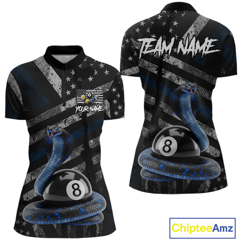 Load image into Gallery viewer, Blue Grunge Cobra 8 Ball Pool Women Billiard Polo & 1/4-Zip Shirt Custom Billiard Attire Jersey NYN2374