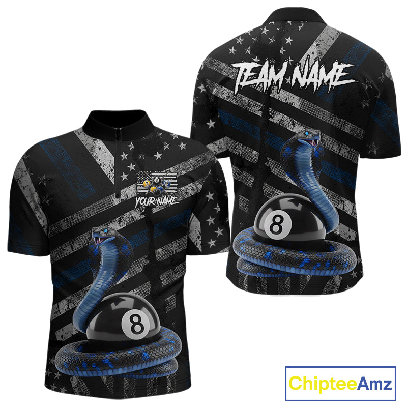 Load image into Gallery viewer, Blue Grunge Cobra 8 Ball Pool Men Billiard Polo & 1/4-Zip Shirt Custom Billiard Attire Jersey NYN2374