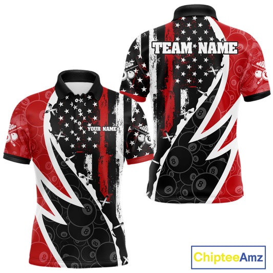 Black & Red US Flag 8 Ball Men Billiard Team Shirt Custom Polo & 1/4-Zip Pool Billiard Attire NYN2377